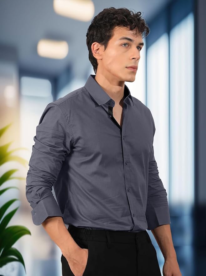 Pinkmint Men's Long Sleeve Button Down Shirt for Men Collared Casual Formal Solid Shirt - Image 2
